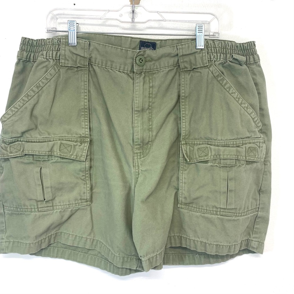 RedHead Mens Green Cotton Canvas Cargo Shorts Sz 42 Elastic Waist Utility Field